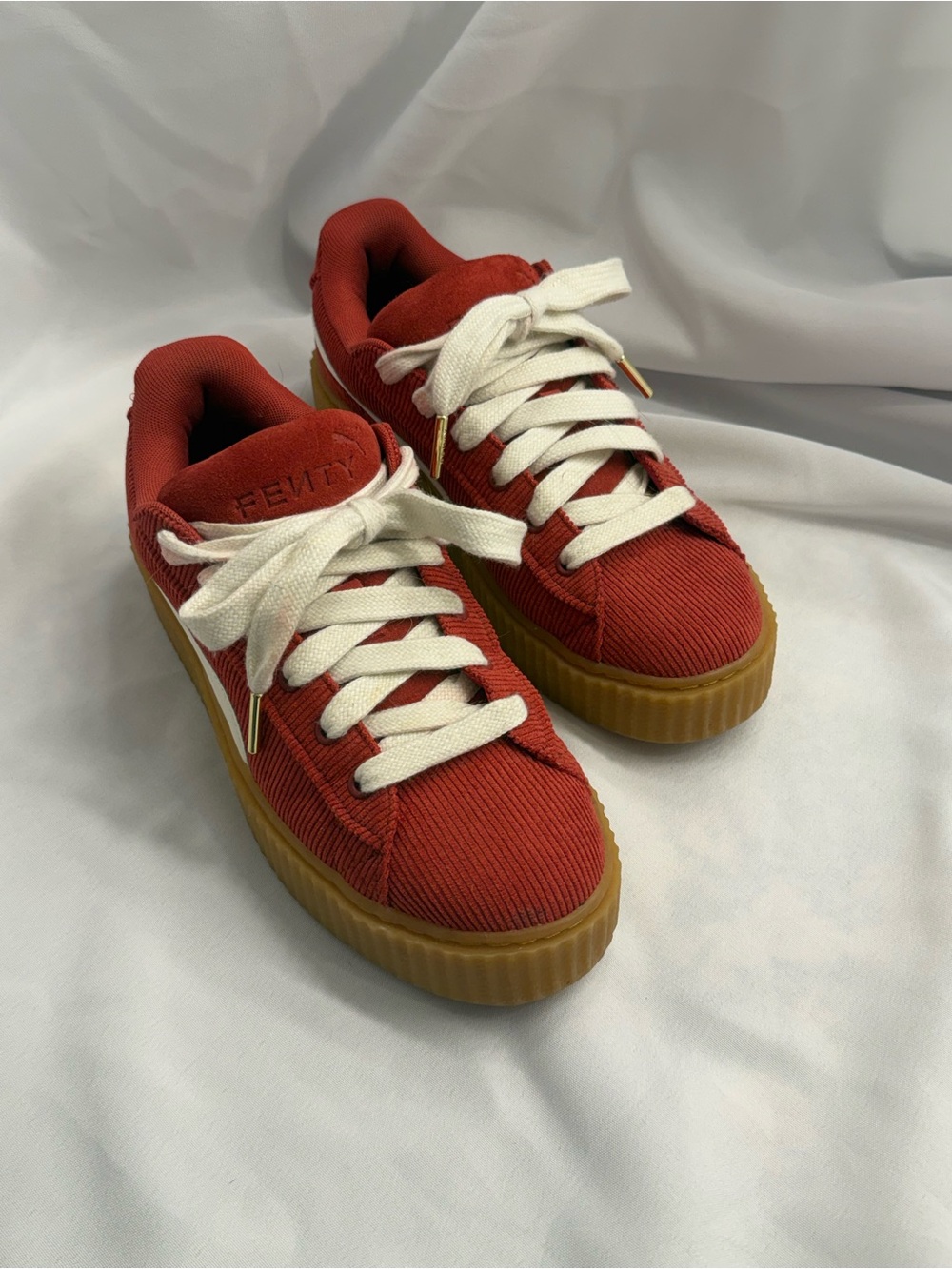 Fenty Puma Red Corduroy Low-Top Sneakers with Gum Sole